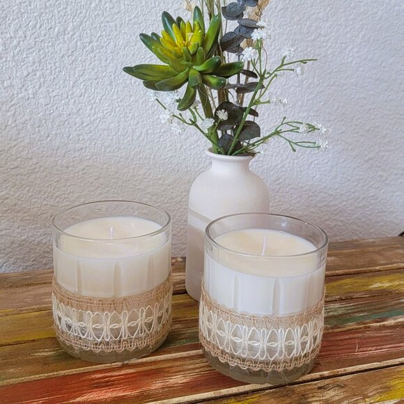 Light Orange Scented Soy Candles in Crystal Glasses, Jute Ribbon Design Set of 2 - Picture 1 of 2